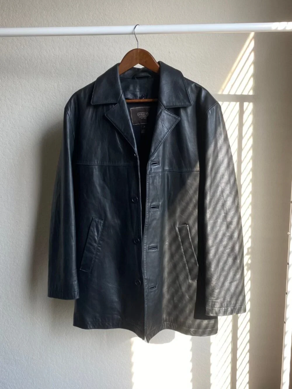 Coach Men's Black Leather Jacket / Casual Blazer with Notched Lapel, Size S